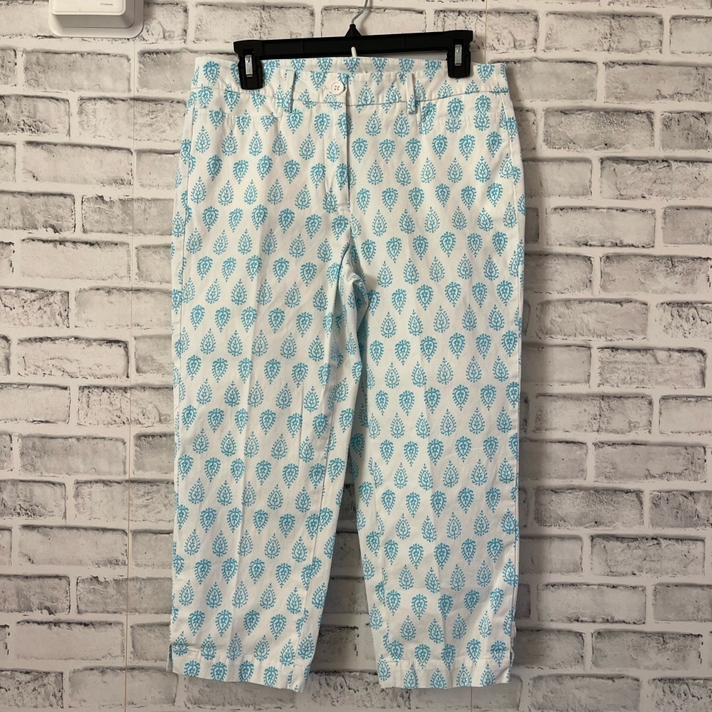 Women’s Talbots white w/ turquoise paisley perfect skimmer crop casual pants S 6